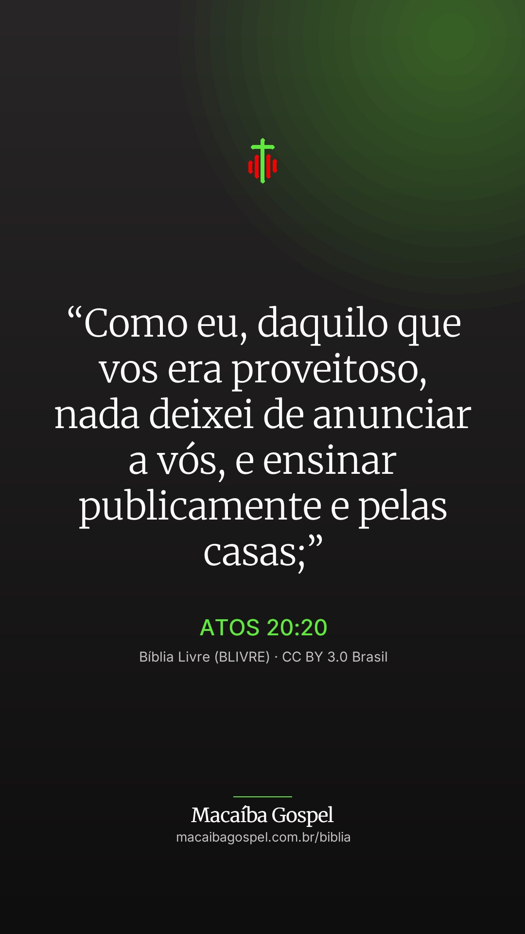 Imagem do versículo Atos 20:20, formato vertical (status e stories)