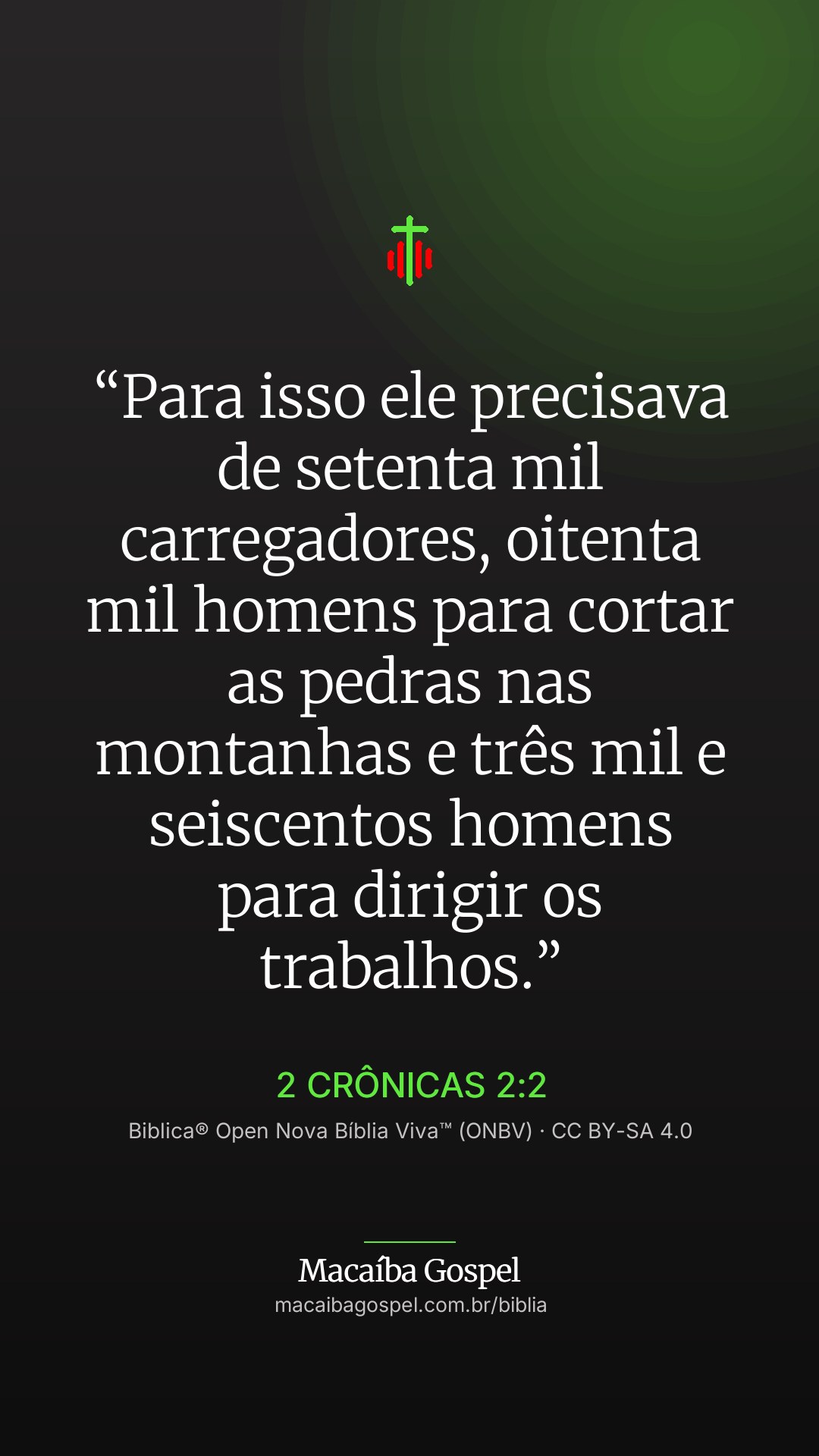 Imagem do versículo 2 Crônicas 2:2, formato vertical (status e stories)