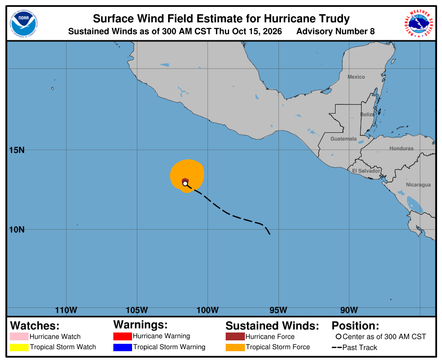 Mapa do NHC com a posição do Trudy e os avisos em vigor