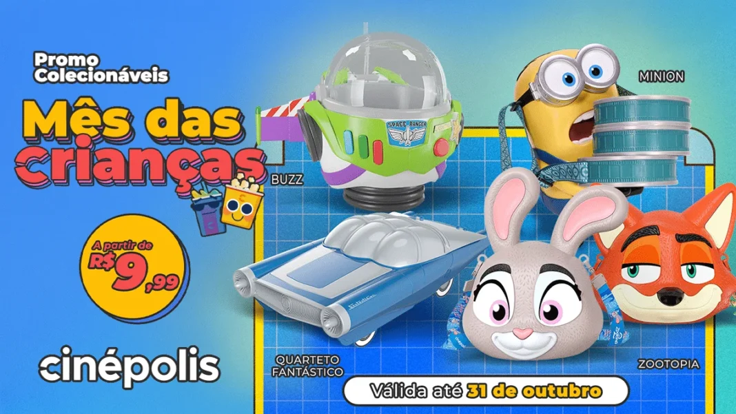 Arte de divulgação da campanha de colecionáveis do Mês das Crianças da Cinépolis, com Buzz, Minion, Quarteto Fantástico e Zootopia