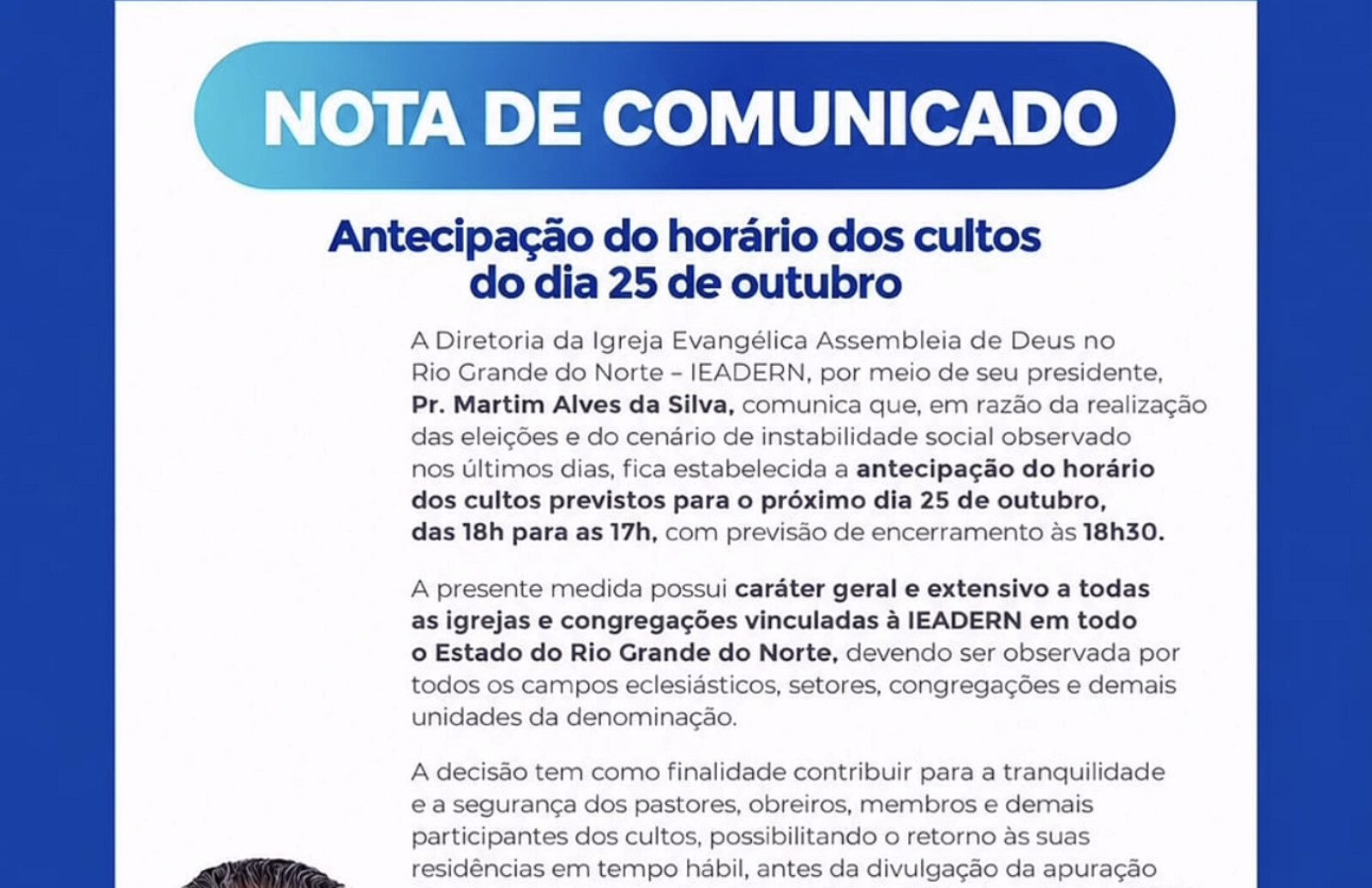Nota de comunicado da IEADERN sobre a antecipação do horário dos cultos de 25 de outubro
