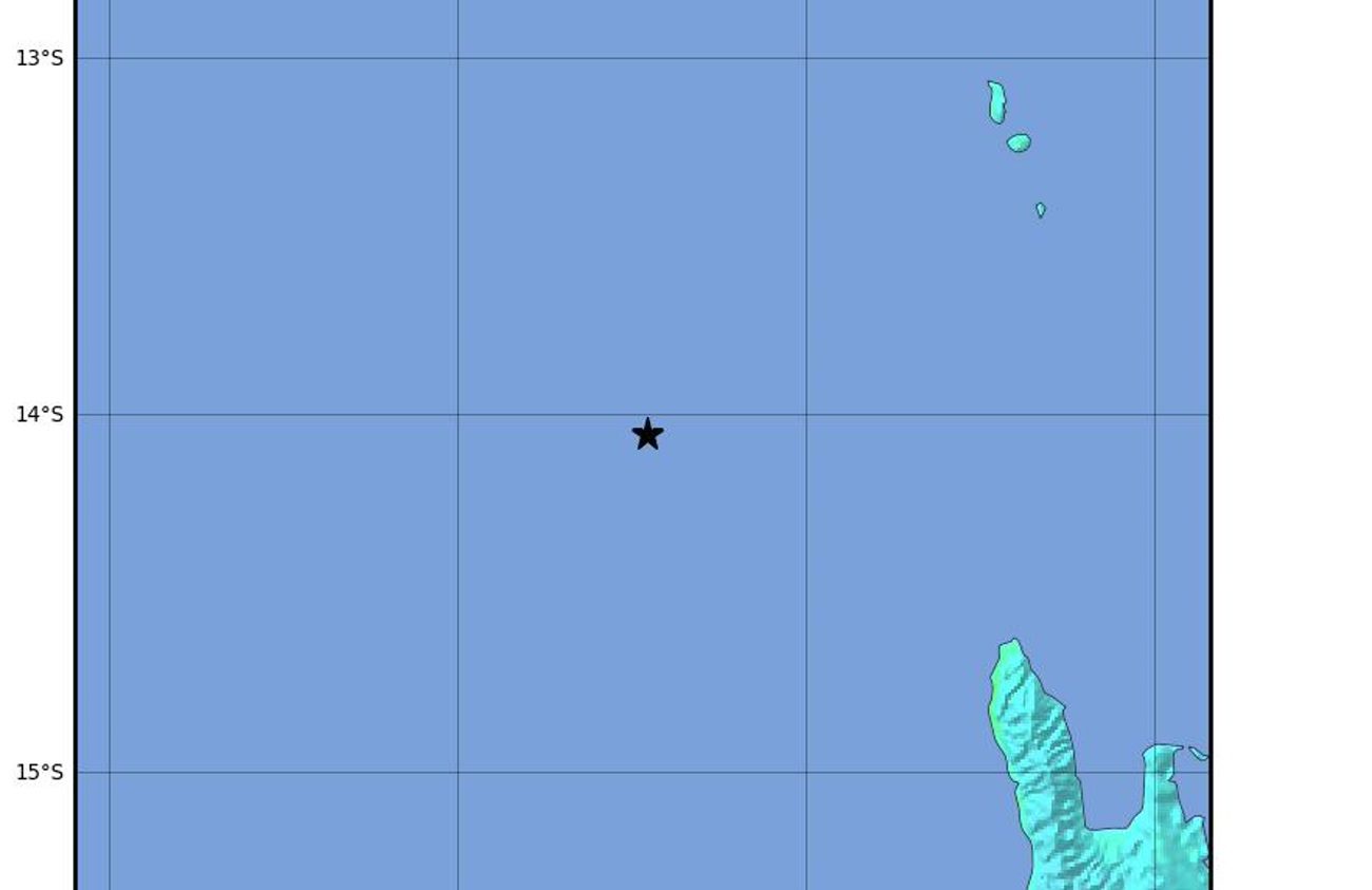 Mapa de intensidade do tremor divulgado pelo Serviço Geológico dos Estados Unidos (USGS); a estrela marca o epicentro