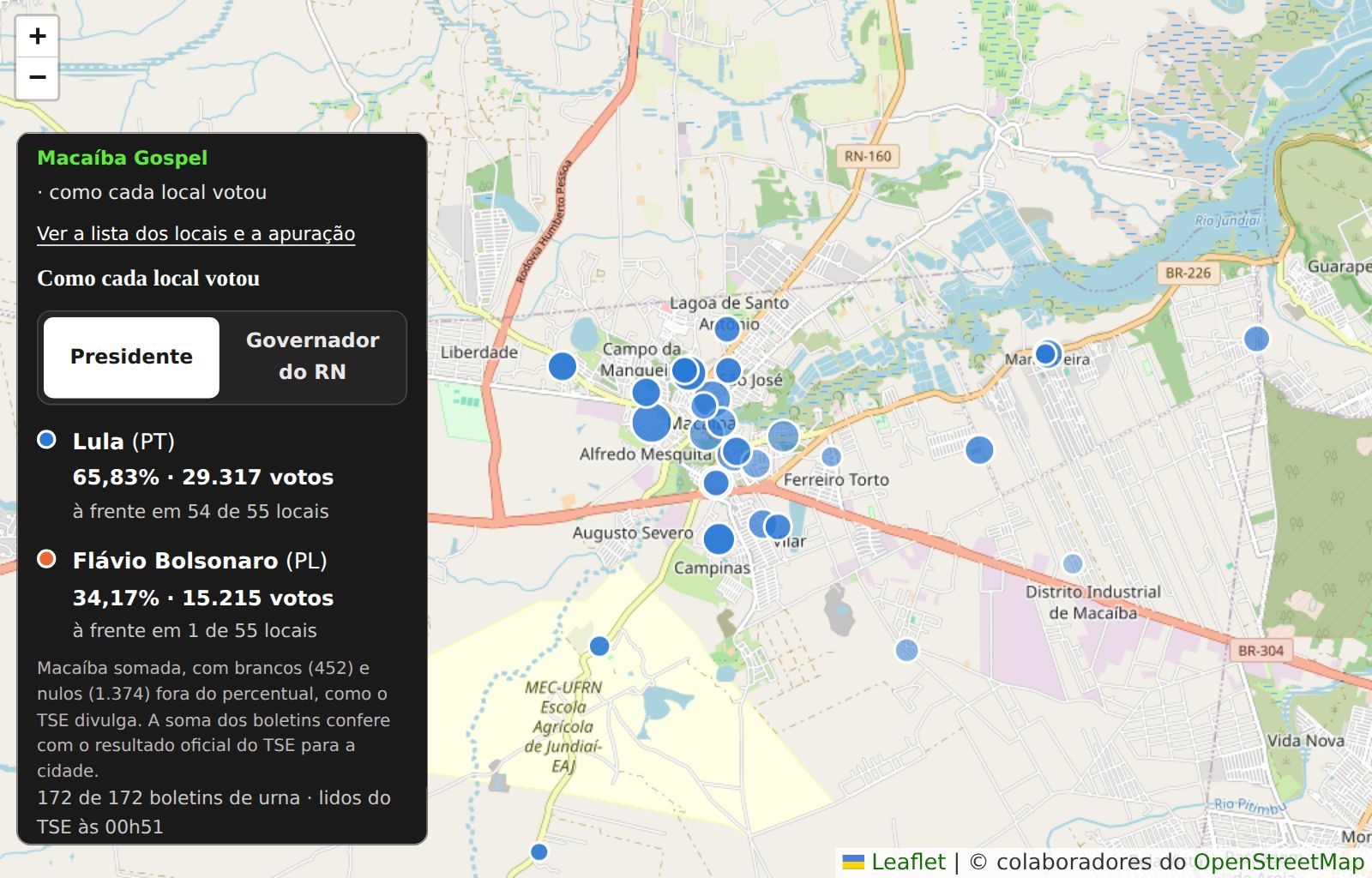 Mapa do voto para presidente em Macaíba: cada ponto é um local de votação, na cor de quem teve mais votos ali