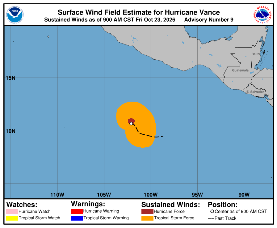 Mapa do NHC com a posição do Vance e os avisos em vigor