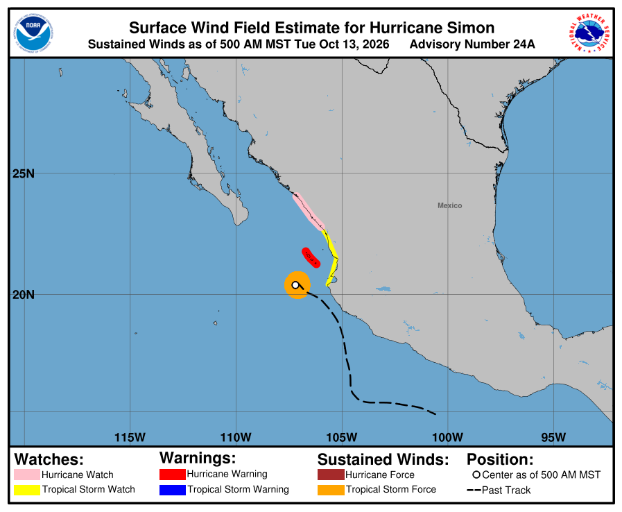 Mapa do NHC com a posição do Simon e os avisos em vigor