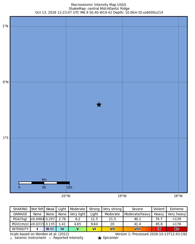 Mapa da intensidade do tremor estimada pelo USGS; a estrela marca o epicentro