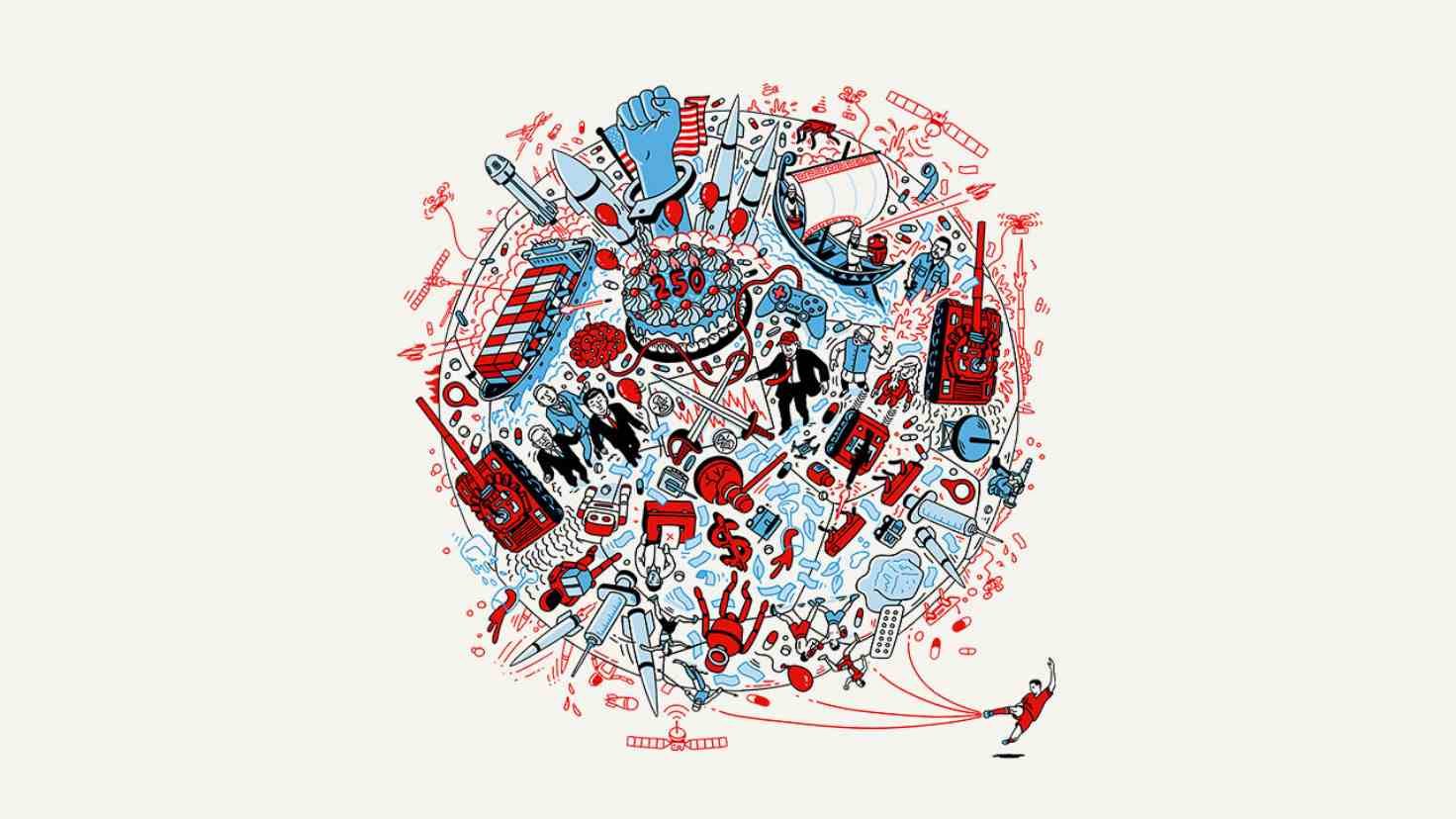 Capa da edição The World Ahead 2026 da The Economist: um globo cheio de desenhos chutado por um jogador de futebol de vermelho