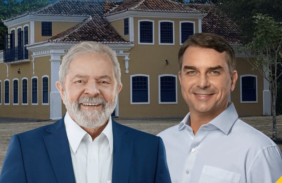 Lula (PT) e Flávio Bolsonaro (PL); ao fundo, o Solar Ferreiro Torto, em Macaíba