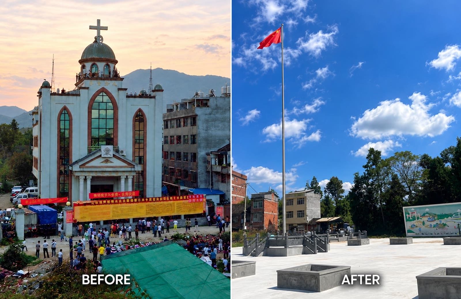 Antes e depois: a Igreja Yazhong, em Yayang (Zhejiang), e o terreno transformado em praça pública com a bandeira da China