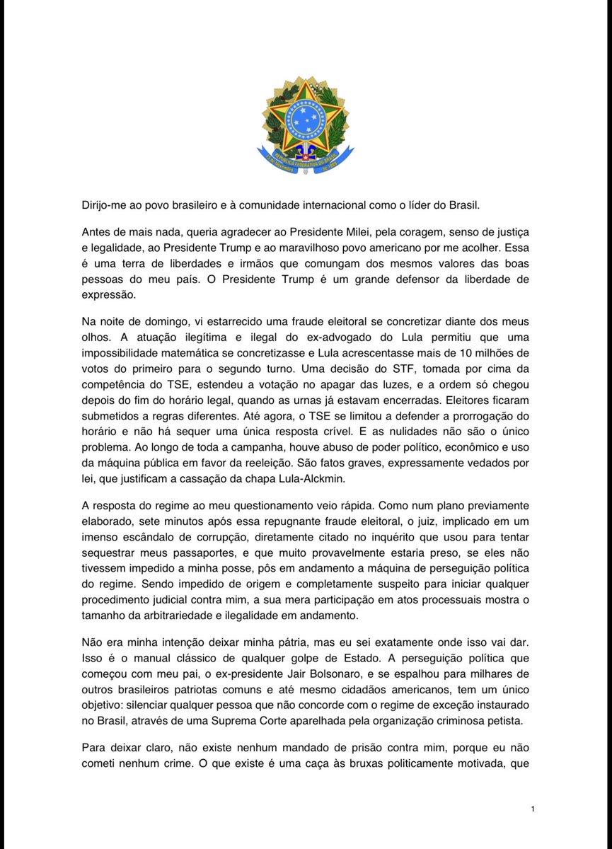 Primeira página da Carta à Nação Brasileira divulgada pelo senador Flávio Bolsonaro em suas redes oficiais nesta quarta-feira (28)